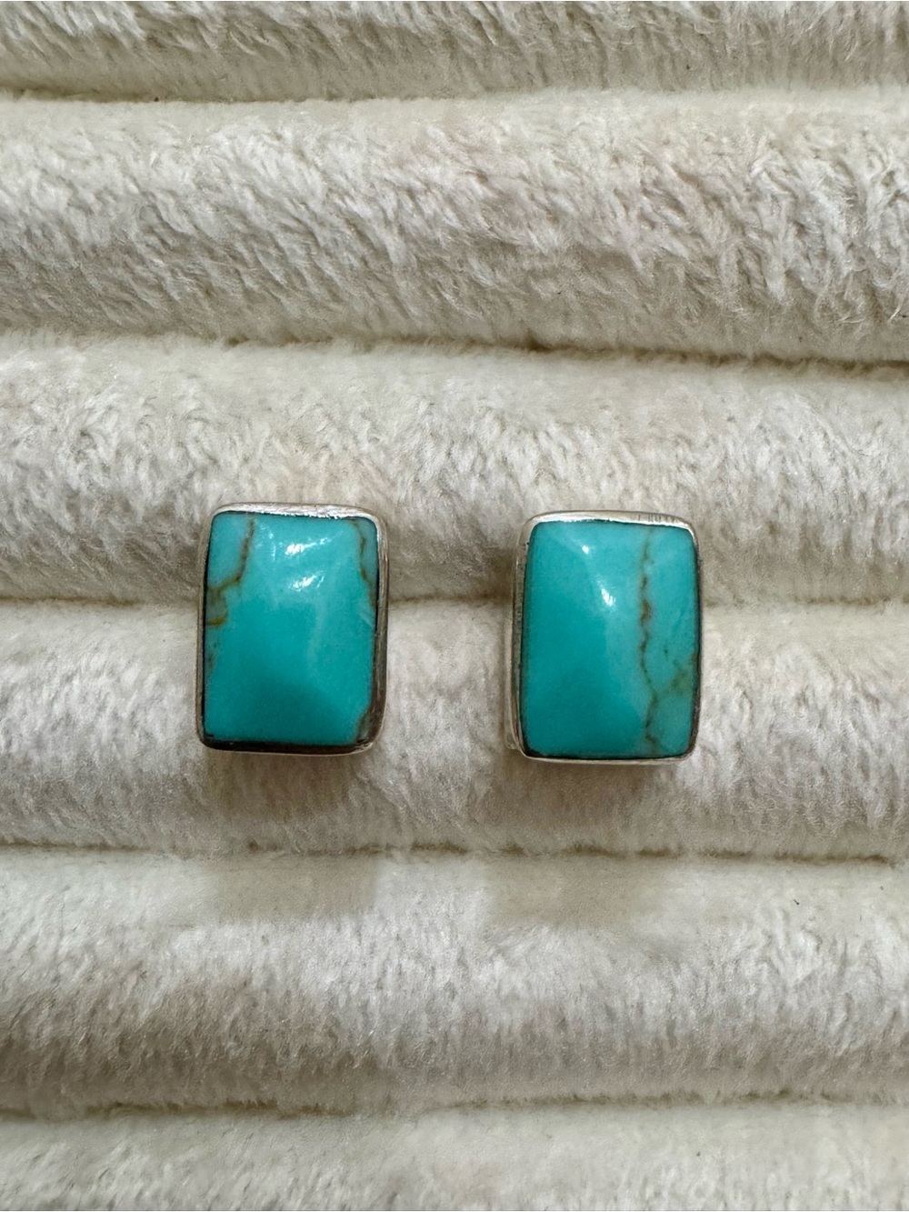 925 Sterling Silver Turquoise Rectangular Stud Earrings Bezel Set Artisan